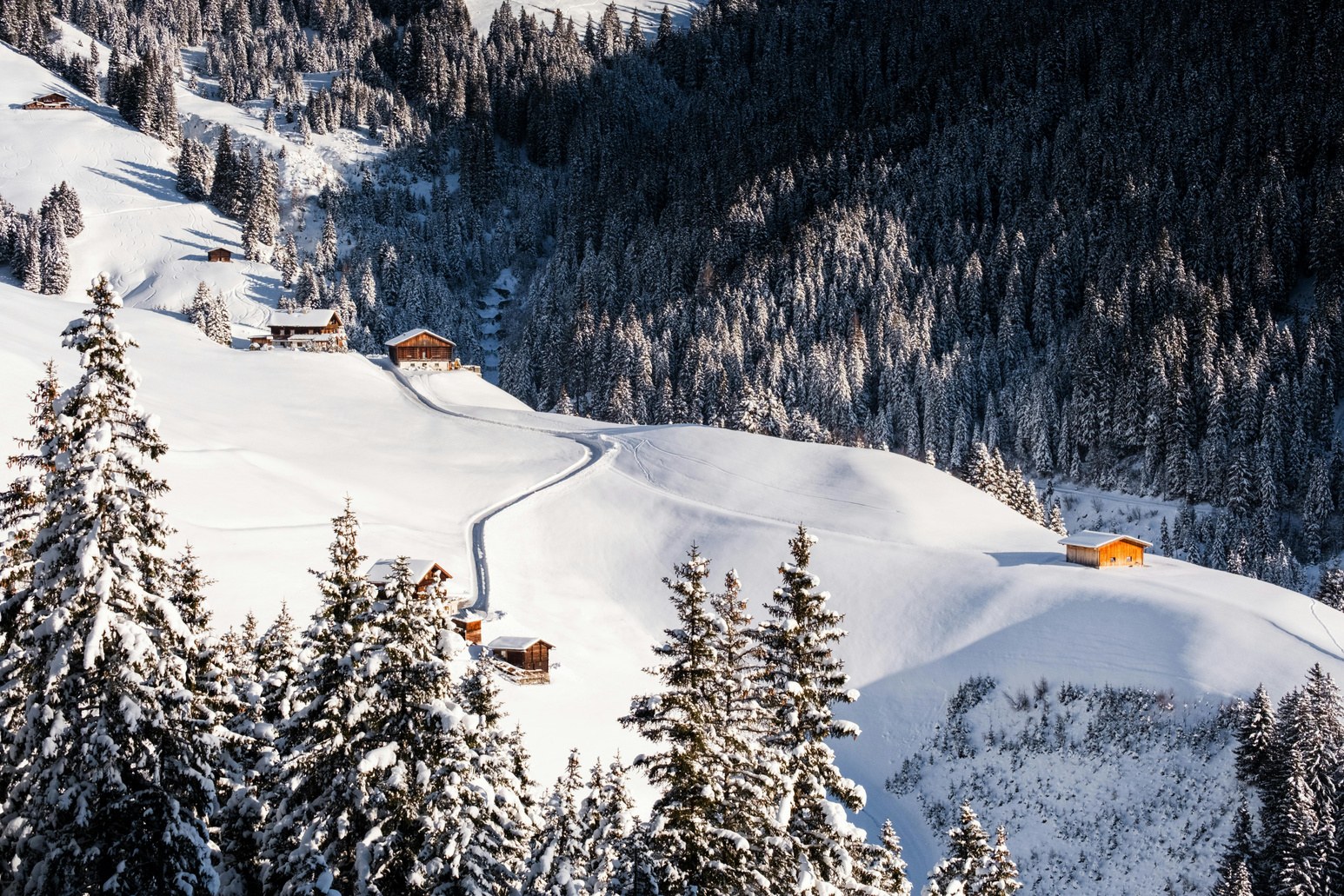 Aerial view of an Alpine ski village in winter