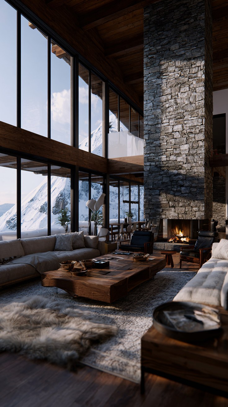 Luxurious chalet interior with fireplace and mountain view